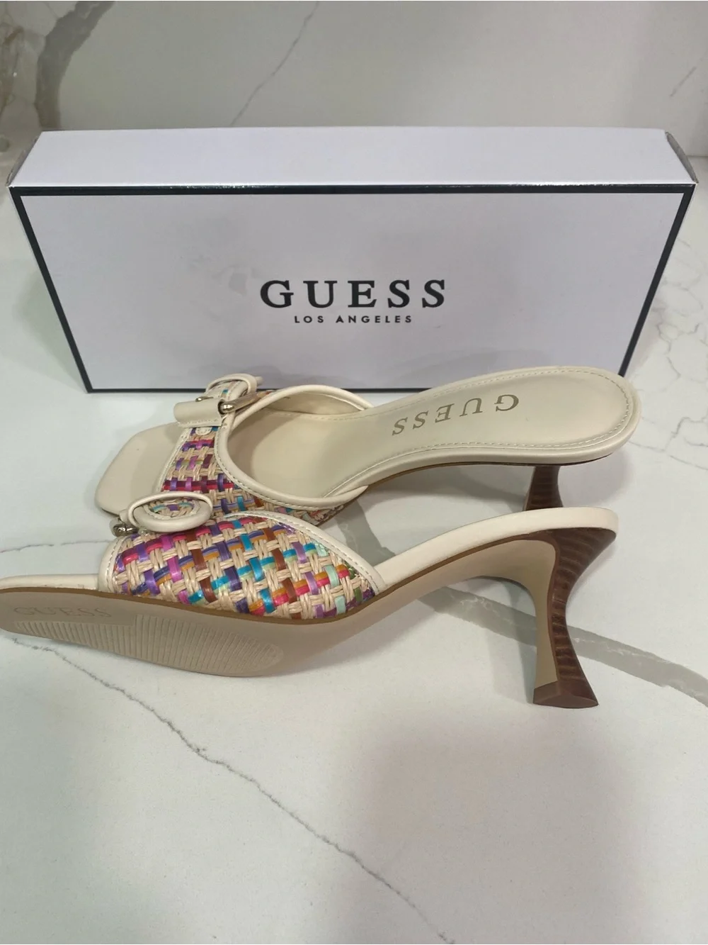 GUESS Cream Slide Sandals with Multicolor Woven Strap